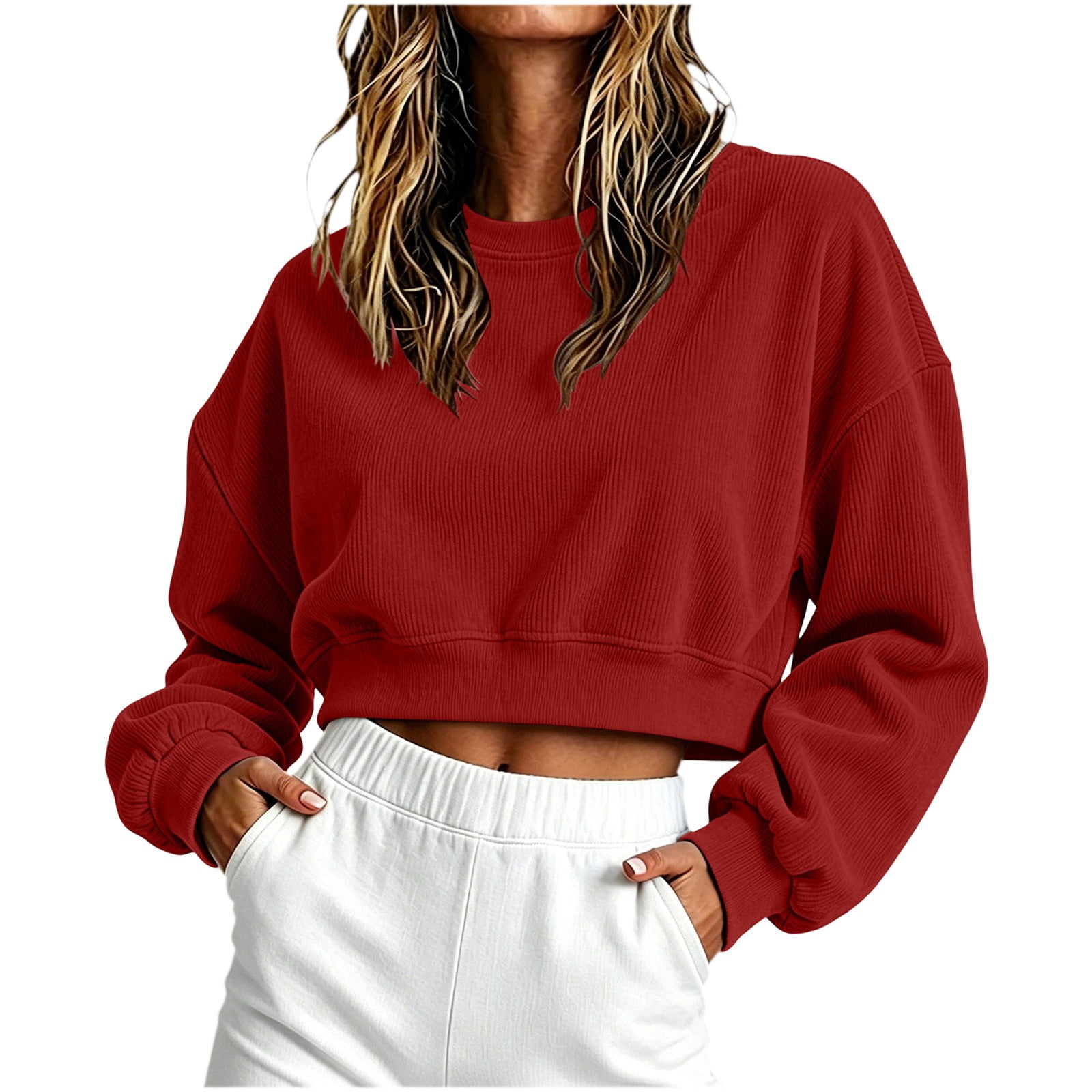 Crop Sweatshirt Women Soft Corduroy Crew Neck Cropped Pullover Casual ...
