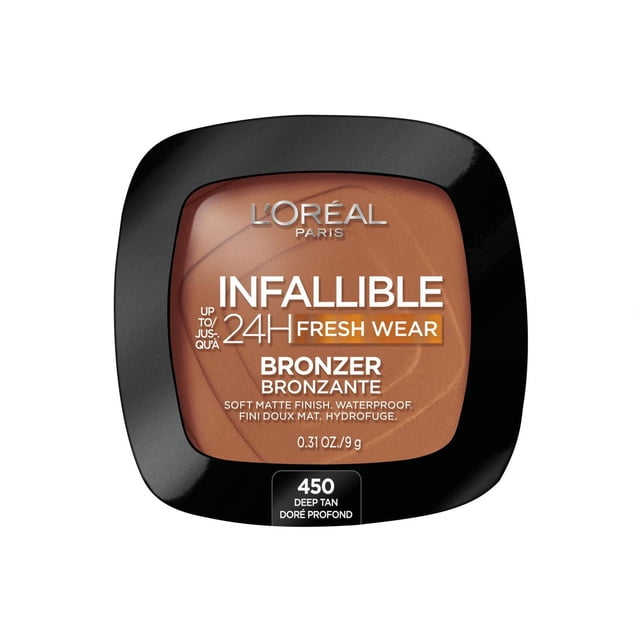 Infallible Poudre Bronzante Mate Douce par L'Oréal Paris, Teinte 450 Beige Foncé, Étui Carré Noir compact avec Fenêtre Transparente Montrant une Poudre Bronzante Mate Brun Chaud, Offrant une Tenue Fraîche 24 Heures, Imperméable, Fini Mat Doux, 0,31 oz (9 g), Idéal pour Sculpter Ou Ajouter une Chaleur Ensoleillée.