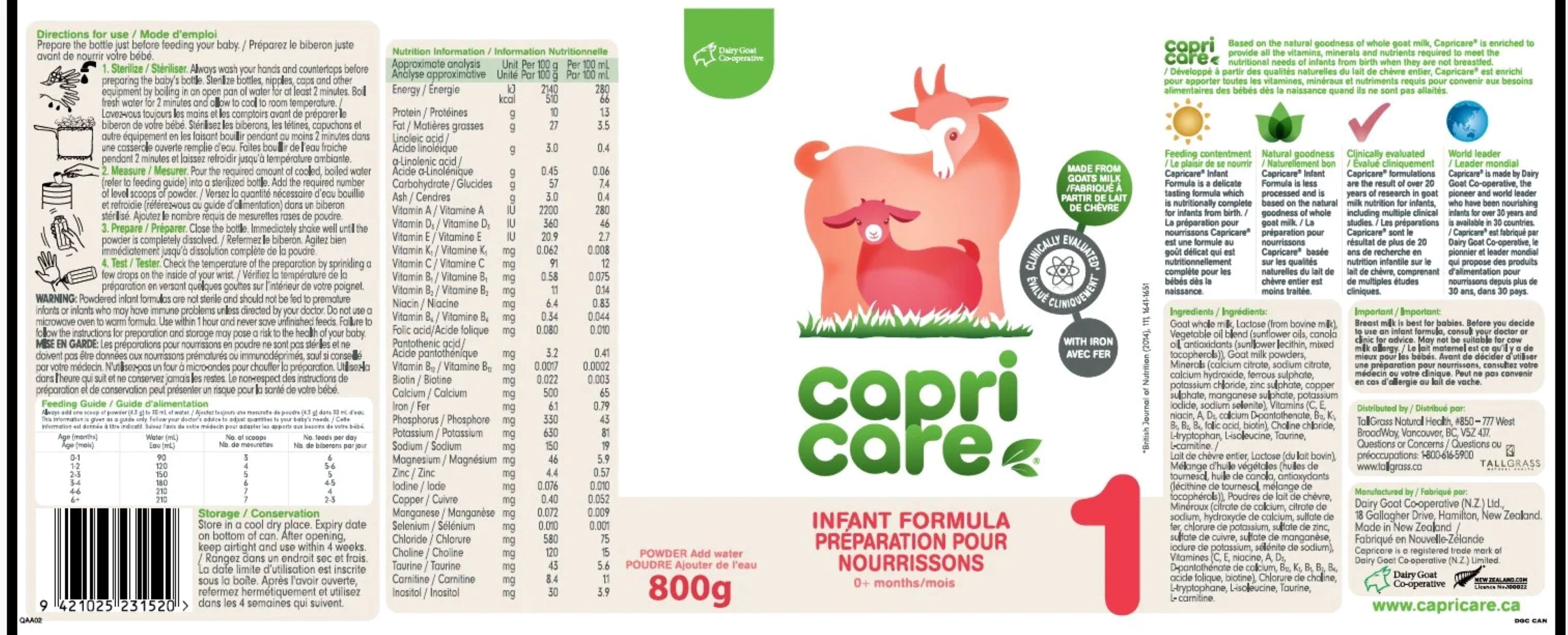 Capricare préparation au lait de chèvre entier pour bébés stade 1 (0–6 mois) – 800 g en poudre