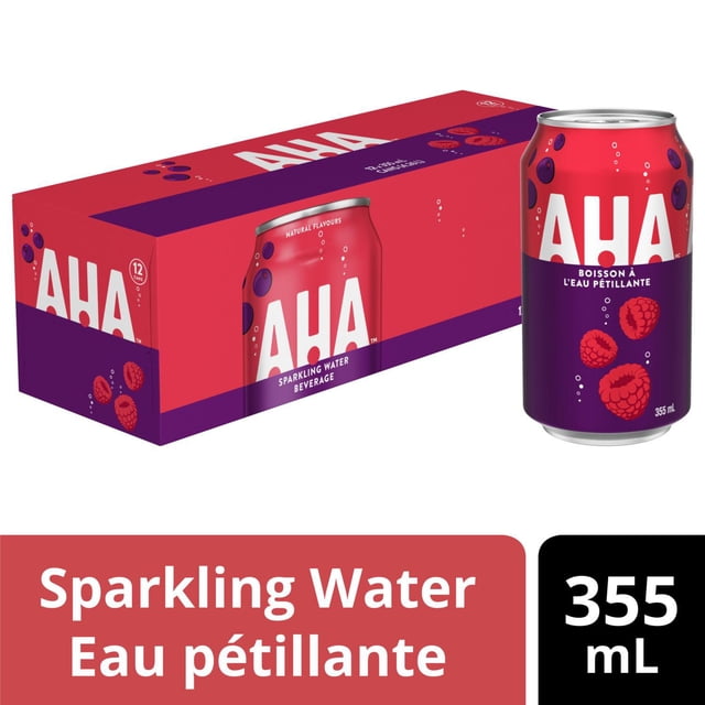 AHA Raspberry + Acai Fridge Pack Cans, 355 mL, 12 Pack with a red and purple box featuring white AHA branding and raspberry graphics, alongside a single can showing the same design labeled as sparkling water beverage in English and French, suitable for calorie-free refreshing hydration.