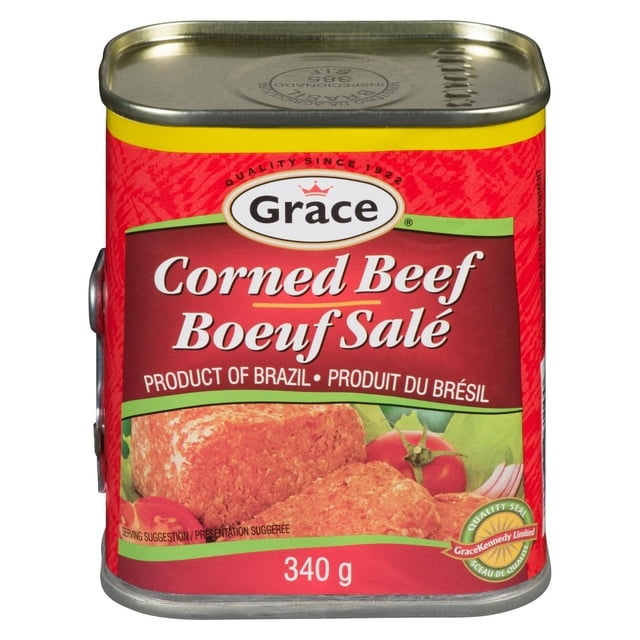 Grace Corned Beef 340g can with red and yellow label featuring bilingual English and French text, displaying sliced corned beef with tomatoes and onions as serving suggestion, product of Brazil, a canned meat pantry staple with sealed metal top.