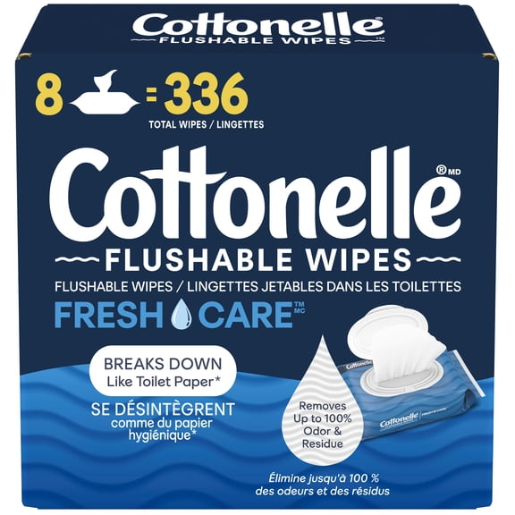 Cottonelle Fresh Care Lingettes Humides Jetables dans les Toilettes, 8 Paquets à Couvercle à Clapet, 336 Lingettes