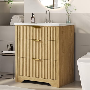 30" Fluted Bathroom Vanity with Sink,Ceramic Basin Farmhouse Style,Farmhouse Freestanding Bathroom Sink Cabinet with 2 Drawers & 1 Flip-Down Drawer,Easy Assembly & Cleaning