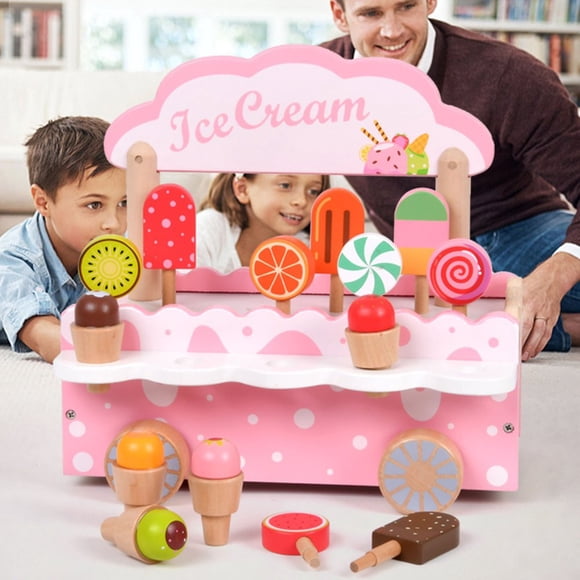CUITING Chariot Interactif en Bois pour Crème Glacée pour Enfants - Jeu de Rôle Amusant et Activité Éducative pour le Développement Précoce (Rose)