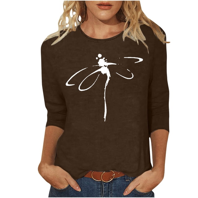 Pompotops T-shirt Mode Imprimé Ample pour Femmes Manches 3/4 Mi-Longueur Blouse Col Rond Tops Décontractés Liquidation