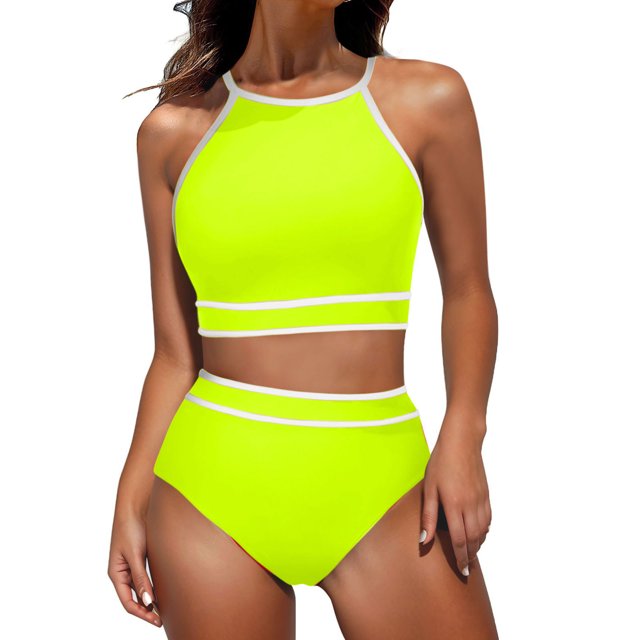 Penkiiy Swimsuit Set for Women 2 Piece Ribbed High Waisted Bikini Set Sporty Color Block Bathing Suits 2XL Yellow