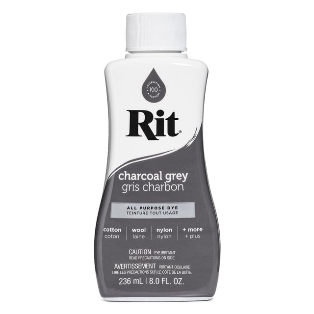 Rit All Purpose Liquid Dye in charcoal grey, 236 ml (8 fl oz) bottle with white cap, suitable for dyeing cotton, wool, nylon, and other fabrics, ideal for fabric crafting and home decor projects, with bilingual English and French label text.