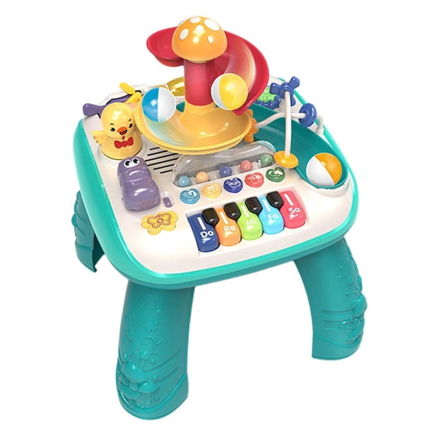 Table d'Apprentissage Musicale Machine d'Apprentissage Éducative pour Cadeau du Nouvel An Bébé. une Table d'Activité Colorée avec une base Verte avec des Pieds Détachables, une Table Blanche avec des Éléments Interactifs comme un mini piano avec des Touches Colorées, des Jouets Tournants et une Pièce Maîtresse en Forme de Champignon. Conçue pour les Bébés et les Tout-Petits de 6 Mois et Plus, Elle Favorise le Développement Sensoriel, la coordination Oeil-Main et le Jeu Imaginatif. Fabriquée en Plastique ABS Robuste, Mesurant 42x33x33 cm.