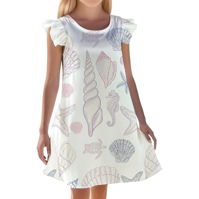 Chemise de Nuit d'Été pour Filles, Imprimé Océan Mignon, Manches Courtes, Tenue de Détente Décontractée, Robe de Pyjama Confortable pour Enfants, pour Tout-Petits de 3 à 10 Ans