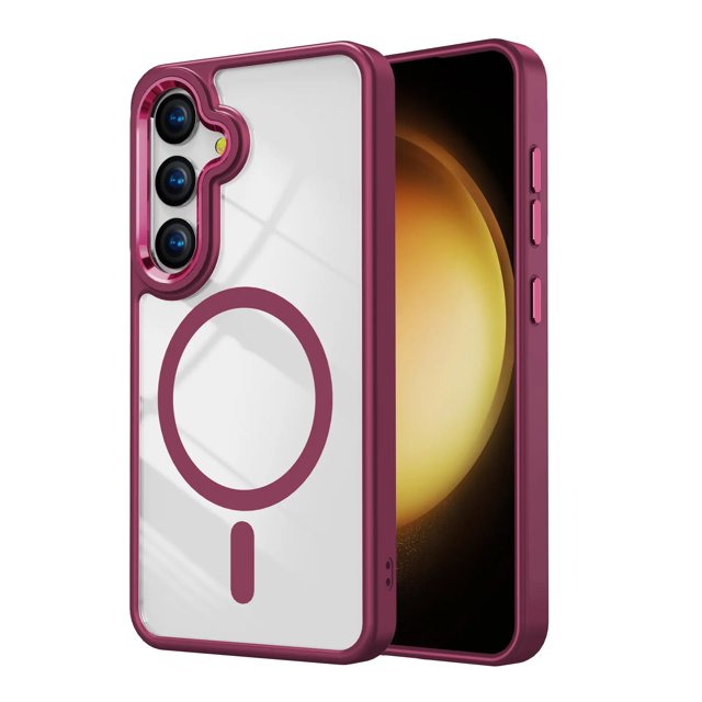 Samsung Galaxy S24 FE Case, a transparent hard PC hybrid back cover with a magenta-colored bumper and built-in MagSafe-compatible magnetic ring. The case features a translucent back panel for anti-fingerprint and anti-slip properties, raised bezels for screen and camera protection, and precise cutouts for easy access to buttons and ports. Slim and lightweight design supports wireless charging without removing the case.
