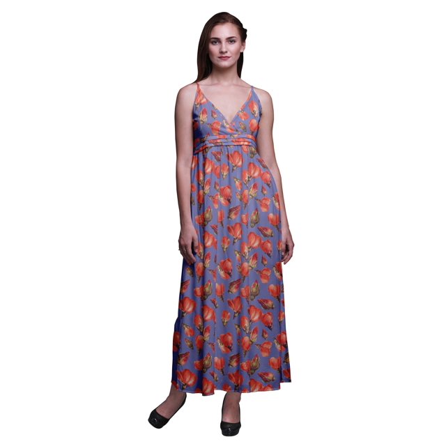 Bimba Robe Longue Maxi Bohème à Bretelles Sans Manches Imprimée Florale pour Femme - Moyen