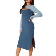 thumbnail image 4 of INSPIRE CHIC Robe Midi en Tricot pour Femme 2023 Automne Hiver à Manches Longues, Découpes, Col Rond, Blocs de Couleur, Ourlet Fendu, Bleu Foncé TG, 4 of 5