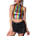 thumbnail image 1 of INSPIRE CHIC Haut pour Femme Col Montant Fermeture Éclair devant Sans Manches Holographique Scintillant Hauts de Fête L Multicolore Noir, 1 of 7