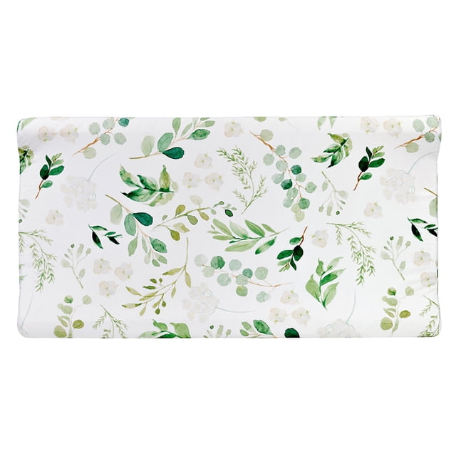 Baby Nursery Changing Pad Cover by xiaowwww, designed with a green leaf and floral print on a white background. This soft fabric blend cover ensures comfort during diaper changes. Fits changing pads up to 16.5-17.5 inches wide, 33 inches long, and 4.5-5 inches deep. Ideal for baby essentials and diapering accessories. Machine washable and tumble dry on low heat.