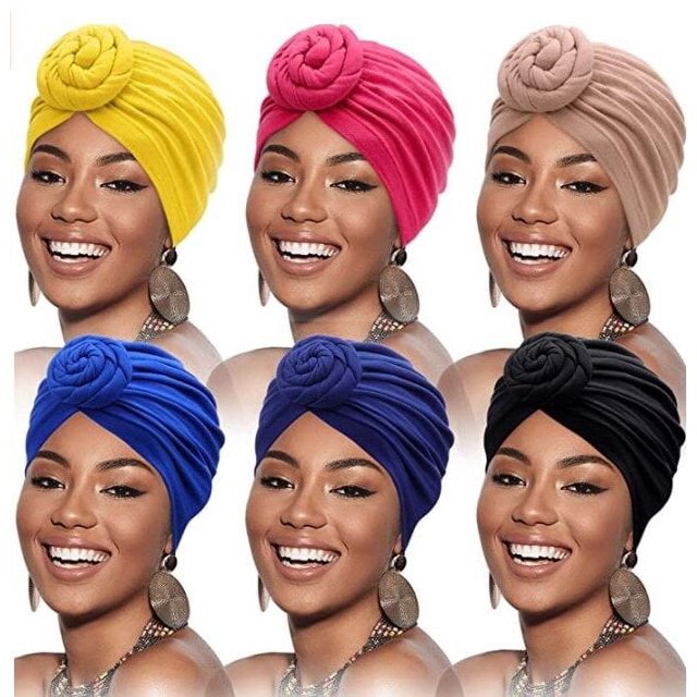 Women Solid Color African Turban Flower Knot Pre-Tied Bonnet Beanie Cap Headwrap