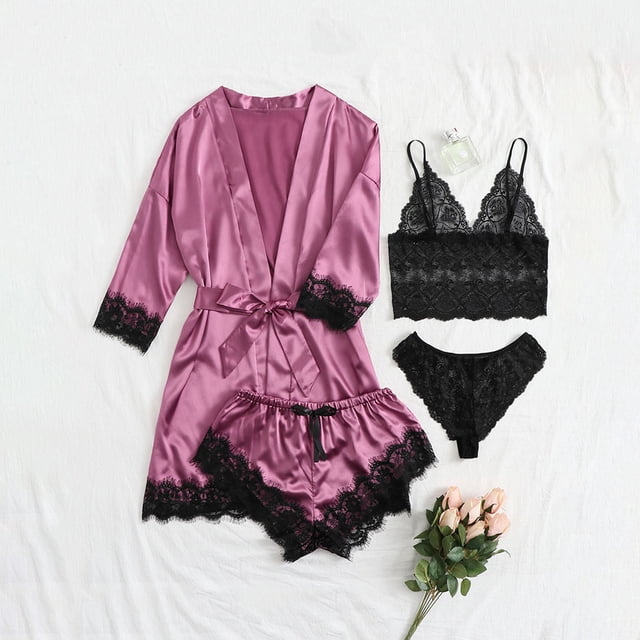 LSLJS Women Lace Satin Wireless Bra Camisole Shorts Pajamas Robe Four Piece Set, Lingerie Sets