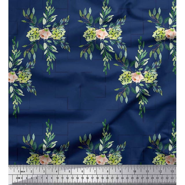 Soimoi Blue Polyester Crepe Fabric Square & Leaves Print Fabric by Yard 42 Inch Wide