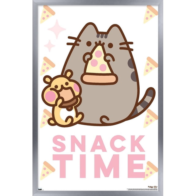 Pusheen - Snack Time Wall Poster, 14.725" x 22.375" Framed depicting cartoon cat Pusheen holding a pizza slice with a small yellow hamster-like character eating a snack beside her, on a white background with pink 'SNACK TIME' text and scattered pizza slice illustrations, framed in silver, suitable for bedroom, office, or dorm wall décor.
