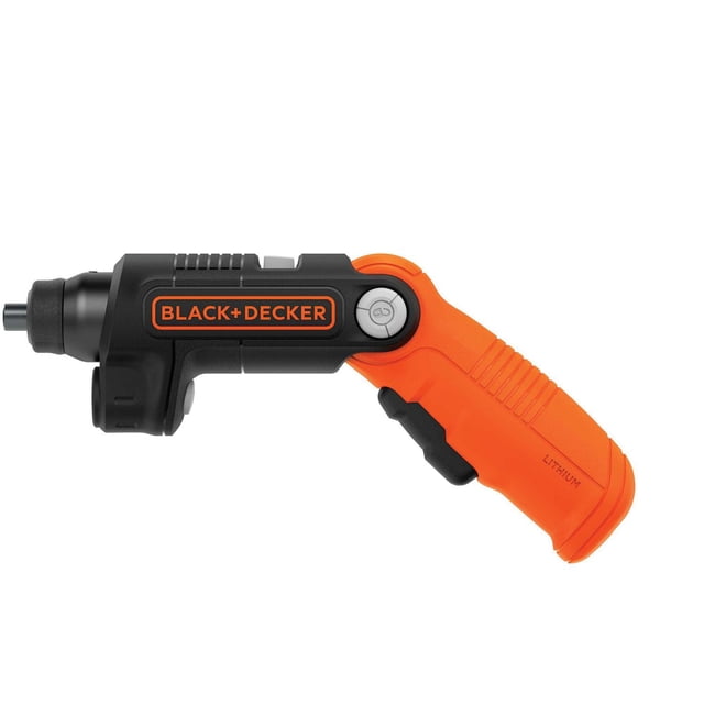 BLACK+DECKER BDCSFL20C 4V MAX cordless screwdriver with LED light, featuring a black and orange 3-position pivoting comfort-grip handle, rechargeable lithium-ion battery, and built-in flashlight for home repairs and tight spaces.