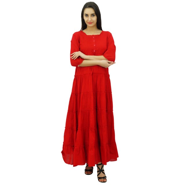 Bimba Women's 3/4 Sleeve Summer Cotton Maxi Dress Drawstring Waist