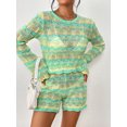 thumbnail image 3 of FOCUSNORM Women 2 Pieces Fall Shorts Outfits Stripe Patchwork Crew Neck Long Sleeve Sweater Knit Tops Shorts Clothes Set, 3 of 8