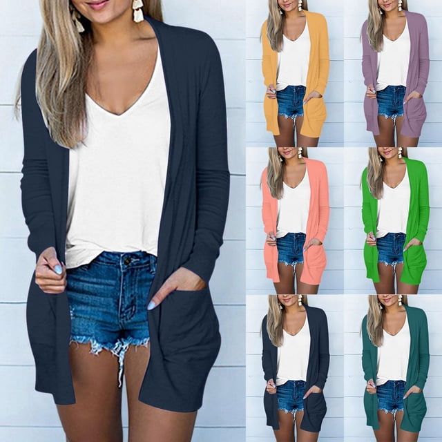 Frostluinai Women's Open Front Cardigan Loose Casual Long Sleeve Lightweight Cardigan Sweaters Duster Solid Draped Cardigans with Pockets