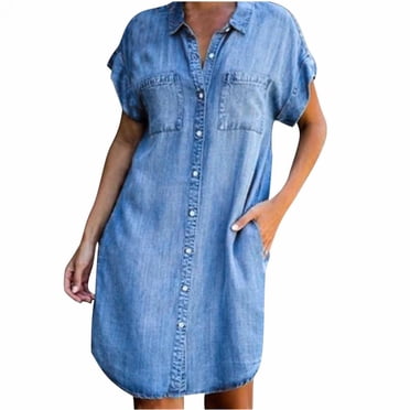 TIMIFIS Robe d'Été pour Femme Mode à Manches Courtes Ajustée Couleur Unie Imitation Denim Robes pour de Nombreuses Occasions pour le Magasinage, le Travail, les Loisirs et le Divertissement