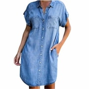 TIMIFIS Women's summer Dress Fashion Short Sleeve Slim Solid Color Imitation Denim Dresses In Many Occasions for Shopping, Work, leisure and Entertainmentisure