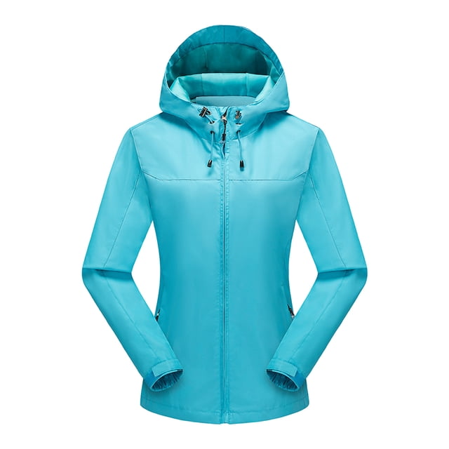 LSLJS Women Color Outdoor Long Sleeve Zipper Sunscreen Windproof Raincoat Plus Size Hooded Jacket Coat( Light Blue, L)