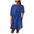 thumbnail image 1 of AherBiu Robe Courte en Coton et Lin pour Femmes, Manches 1/2, Boutonnée, Col Ras du Cou, Décontractée, Ample, Légère, 1 of 7