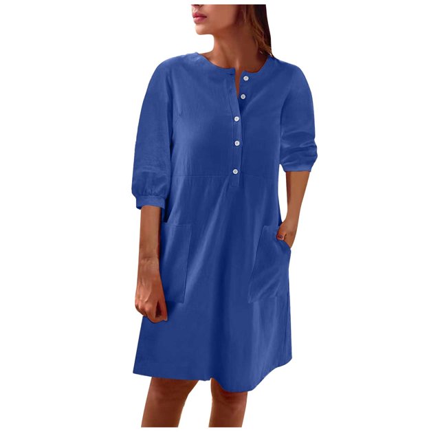 AherBiu Robe Courte en Coton et Lin pour Femmes, Manches 1/2, Boutonnée, Col Ras du Cou, Décontractée, Ample, Légère