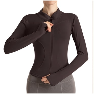 GDREDA Vestes de Course Courtes Légères et Extensibles pour Femmes à Fermeture Éclair Complète Coupe Ajustée Hauts Athlétiques avec Trous pour les Pouces Café,L
