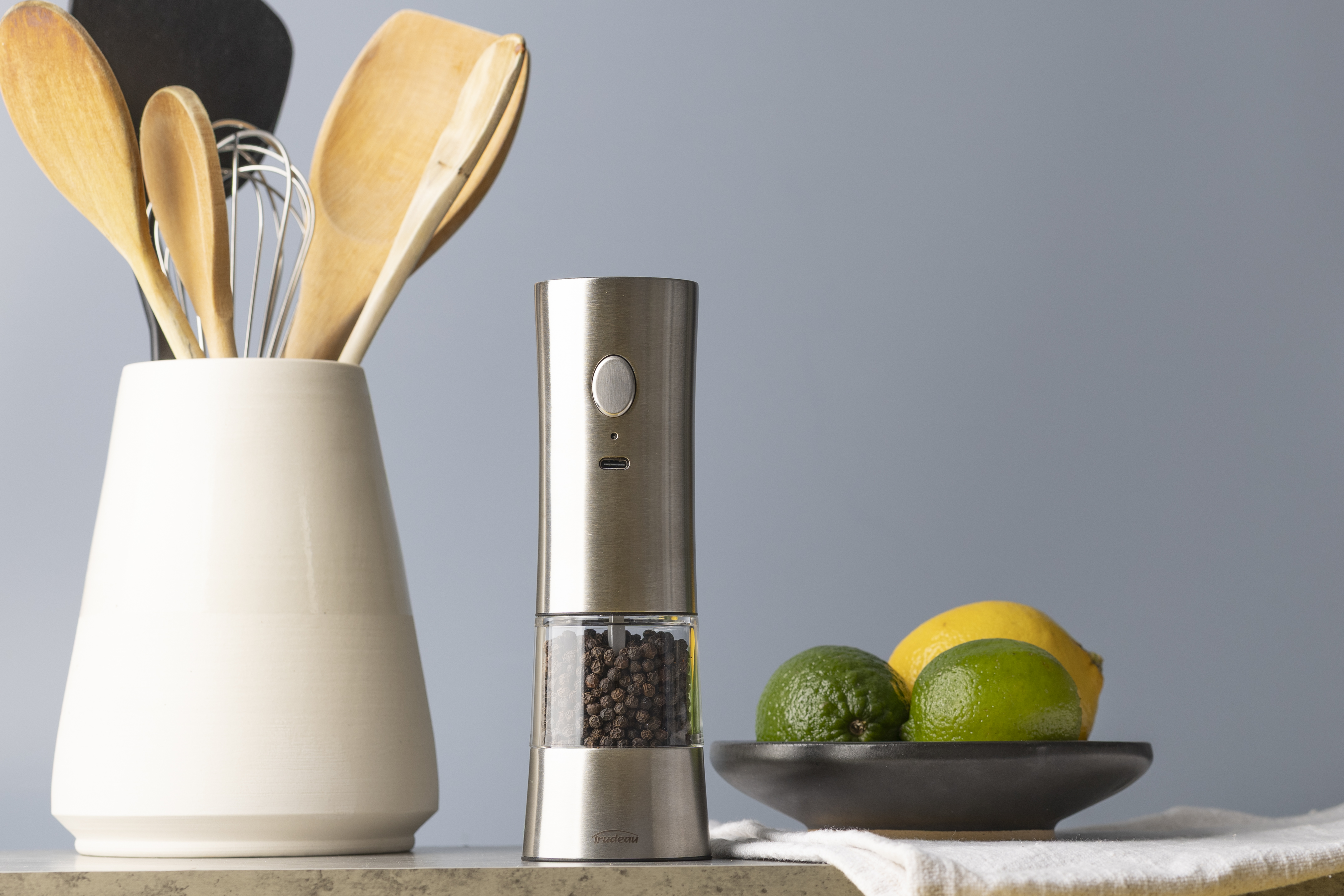Trudeau 7" EVO USB Rechargeable Electric Stainless Steel Salt or Pepper Mill with one-touch operation, adjustable grind. USB-C charging—no batteries required – Unfilled