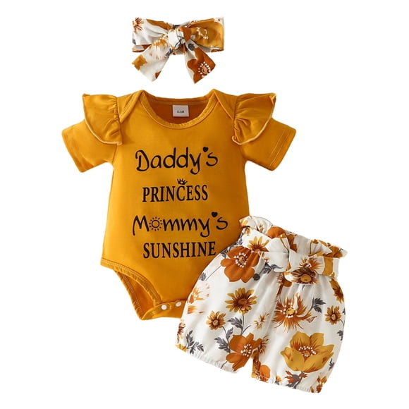 WUANDIXFA Newborn Infant Baby Girls Summer Clothes Baby Girl Summer Clothes I’m New Here Newborn Going Home Outfit Ruffle Ribbed Romper Tops Floral Shorts Set + Headband 3-6 Months,Orange