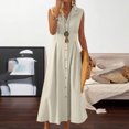 thumbnail image 2 of Amzcrzy Robes pour Femmes Couleur Unie Sans Manches Robes de Printemps Col en V à Boutons Robe d'Été Confortable Robe en Coton et Lin Tendance Col Rabattu Robes Maxi, 2 of 7