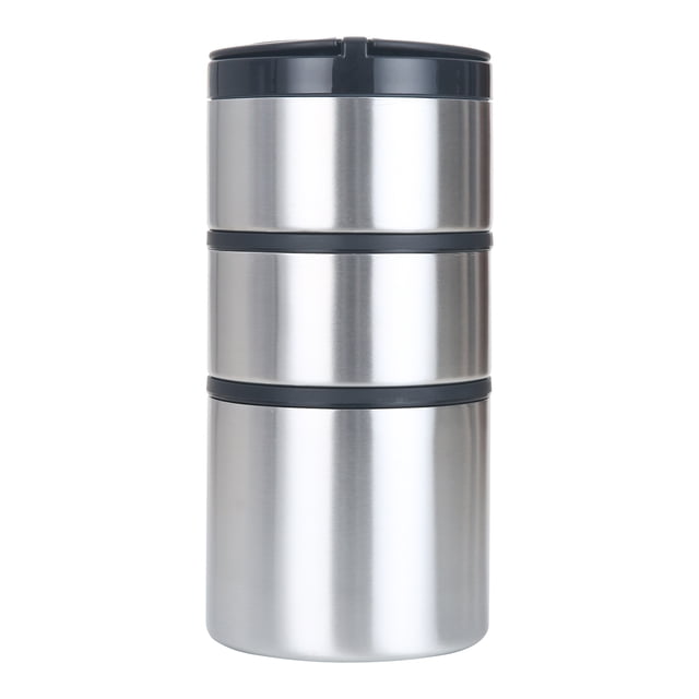 Mainstays stacking food jar, stainless steel, 41 oz, with three separate cylindrical compartments stacked vertically and sealed with black lids, designed for meal prep and kitchen organization, suitable for storing salads, snacks, or leftovers.