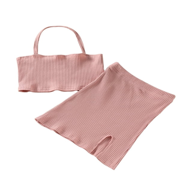 2Pcs Kids Summer Outfit Solid Color Ribbed Halter Neck Sleeveless Crop Tops + Short Slit Skirt for Girls 2-7 Years