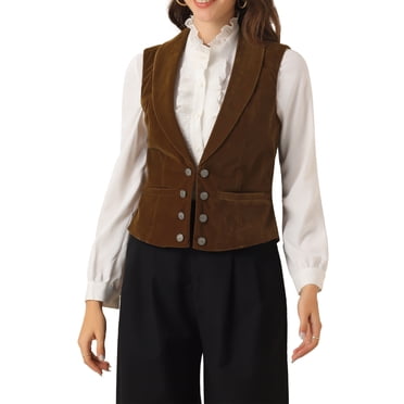 INSPIRE CHIC Women's Velvet Waistcoat Casual Sleeveless Button Down Blazer Vest L Coffee