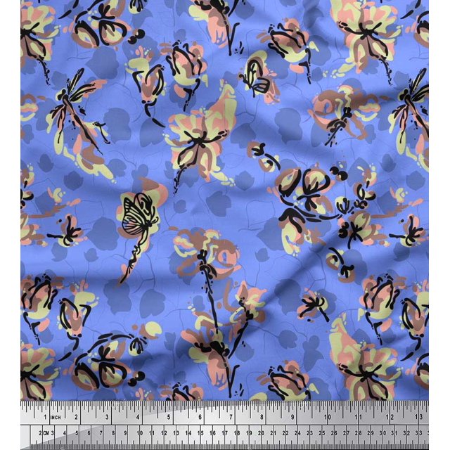 Soimoi Blue Silk Fabric Dragonfly,Floral & Texture Decor Fabric Printed BTY 42 Inch Wide
