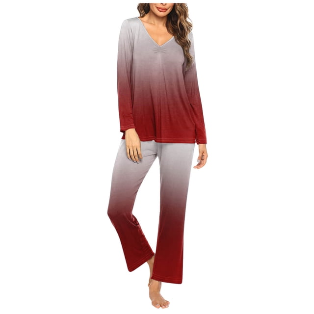 Timegard Ensembles de Pyjamas pour Femmes 2 Pcs Confortables Couleur Dégradée Manches Longues Col en V Haut et Pantalon Tenues de Pjs