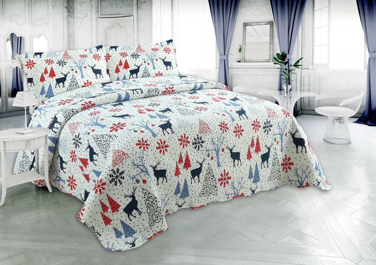 Marina Decoration Rich Printed Embossed Pinsonic Coverlet Bedspread Ultra Soft Bedding Summer Christmas Quilt Set with Shams, Xmas Reindeer and Tree Pattern