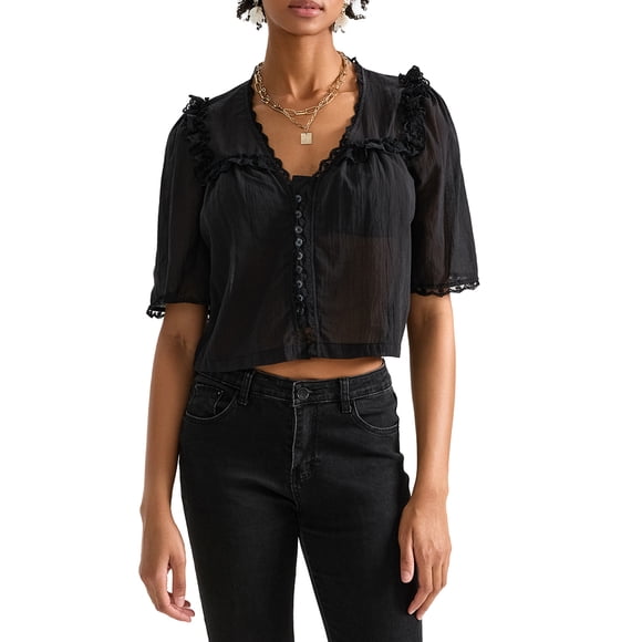 Gupgi Women Short Sleeve Shirts Lace Ruffles Buttons Blouses Fashion Solid Color Translucent Loose Tops