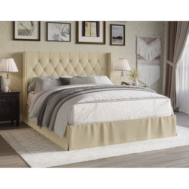 Lit Plateforme Rembourré Capitonné Billy Beige - Grand Lit