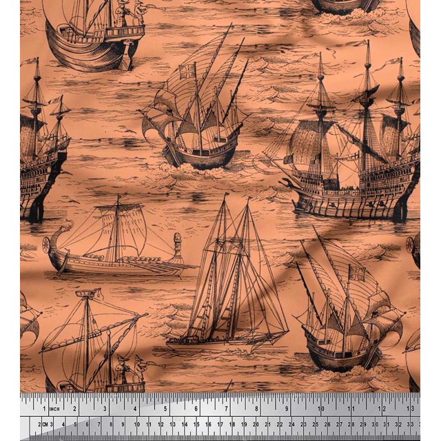 Soimoi Poly Georgette Fabric Waves & Ship Ocean Print Fabric by Yard 42 Inch Wide