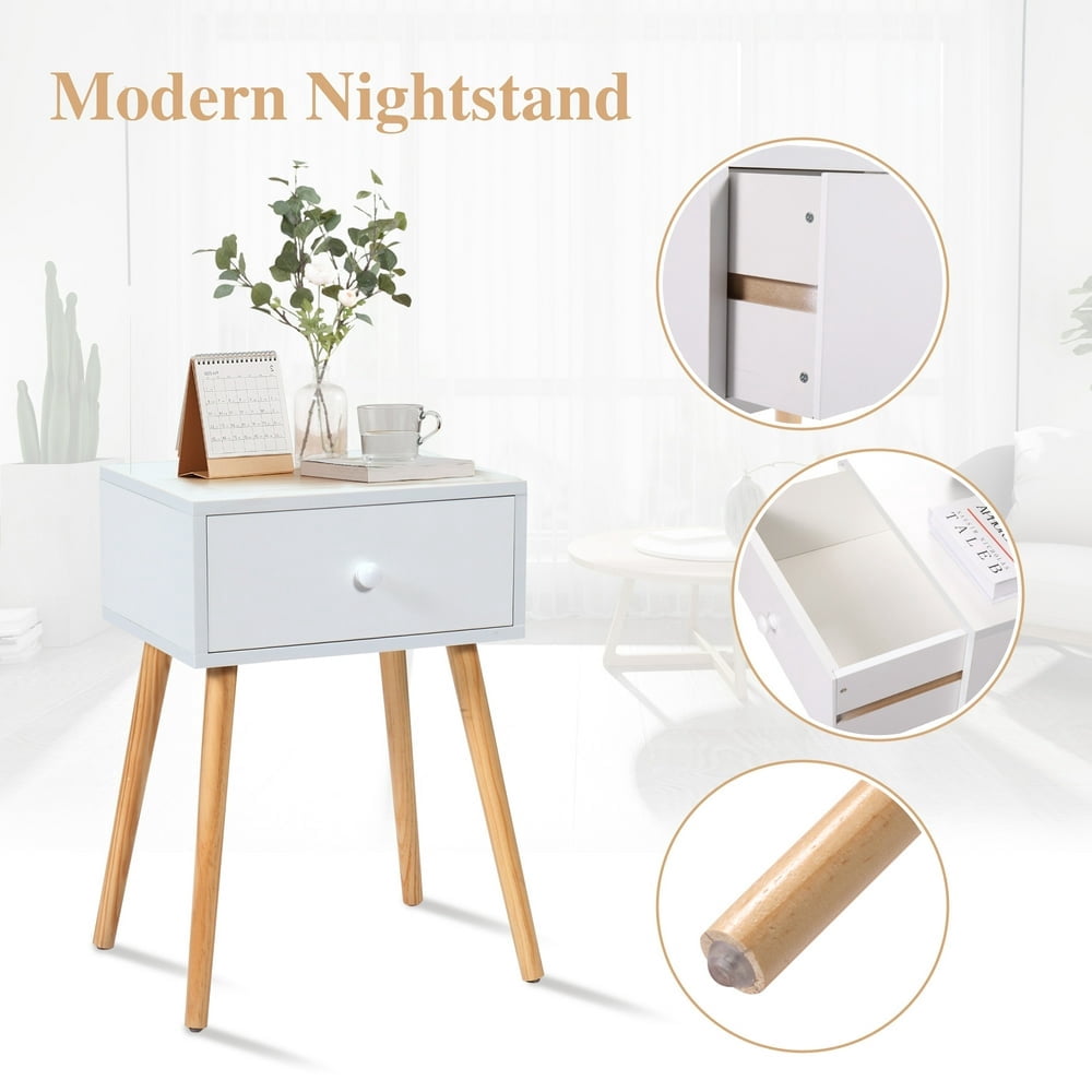 Century Modern Nightstand  Wood Bed Side Table with Drawer  End Table for Living Rooms Bedrooms  Home Furniture  White and Natural