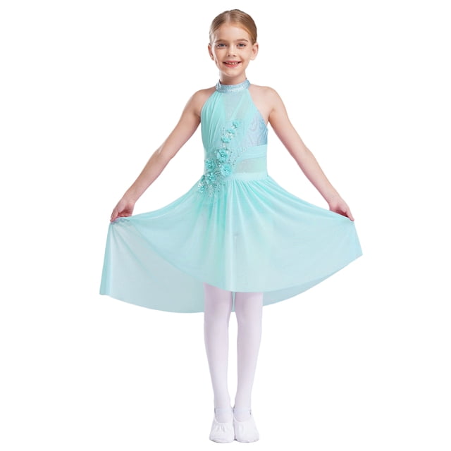 Yhong Robe de Danse Ballet Sans Manches pour Filles Irrégulière avec Strass Brillants Performance Bleu Clair 6