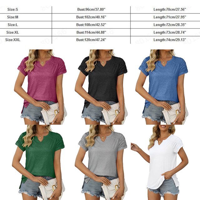 facefd Summer Pleated Short Sleeve Solid Color Splicing V Neck T-Shirt Casual Basic Tops Female Shirts Daily Tees for Silver XL