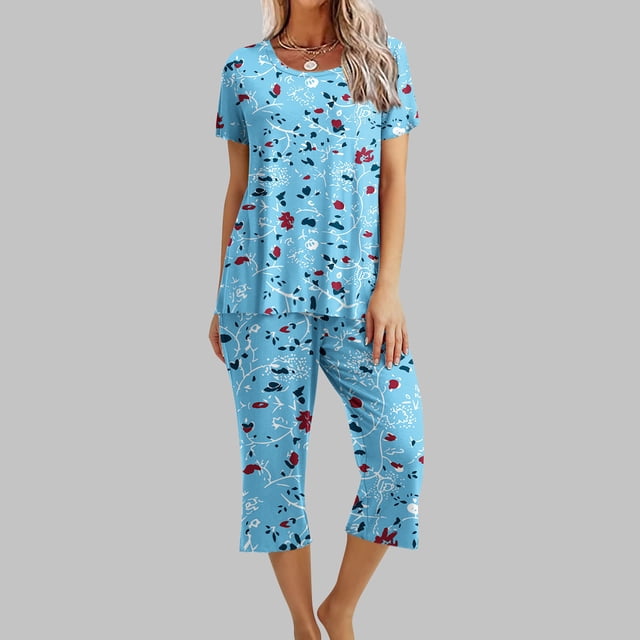 Ensemble de Pyjama pour Femmes à Col Rond Imprimé, Manches Courtes, Chemise de Nuit et Pantalon, Tenue d'Intérieur avec Poches