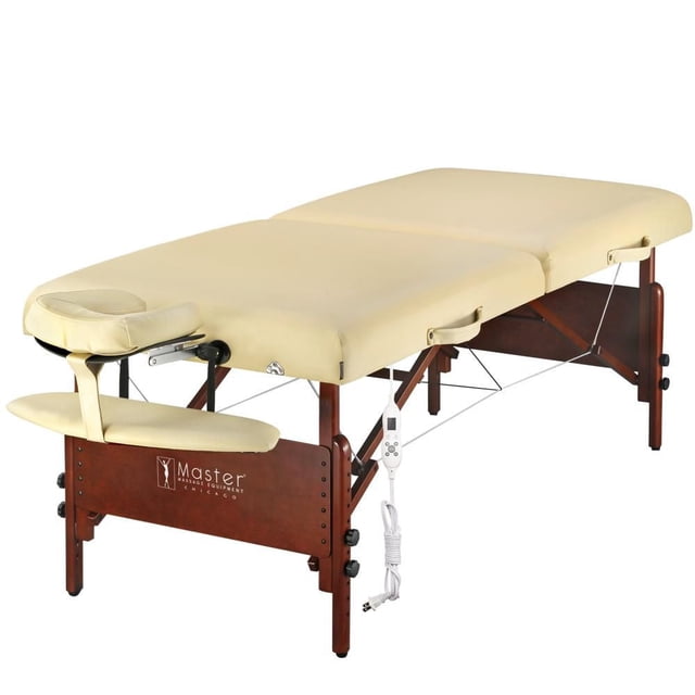 Master Massage 30 Inch Del Ray Therma-Top Massage Table Pro Package in sand colour with 3 inch thick multi-layer small cell foam cushion, adjustable height from 24 to 34 inches, ergonomic adjustable face cradle with memory foam pillow, adjustable armrest, and built-in Therma-Top heating system with remote control, supported by a dark wood frame suitable for professional massage and spa use.