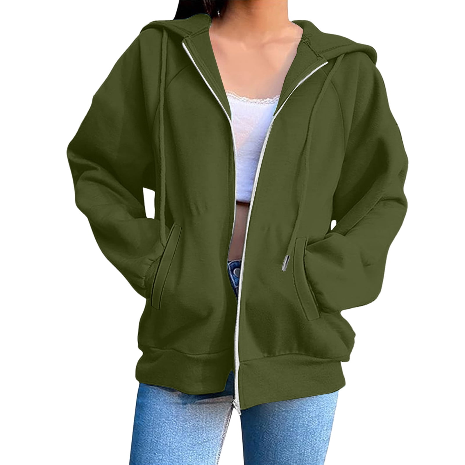 Mgmyaa Women's Sweatshirt Fashion Solid Color Hooded Pocket Raglan-Sleeve Long Sleeve Zip Up Jacket